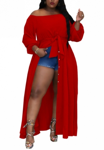 (Red)(Plus Size)2022 Styles Women Fashion Summer TikTok&Instagram Styles Front Button Waist Tie Maxi Dress