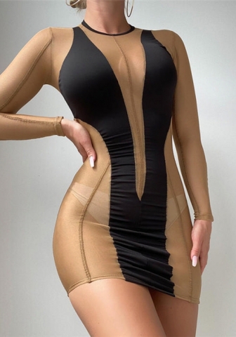 (Real Image)2022 Styles Women Fashion Summer TikTok&Instagram Styles Mesh Khaki&Black Long Sleeve Mini Dress