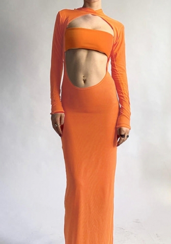 (Orange)2022 Styles Women Fashion Summer TikTok&Instagram Styles Long Sleeve Mesh Maxi Dress