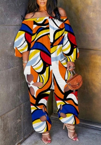 (Orange)2022 Styles Women Fashion Summer TikTok&Instagram Styles Cut Out Print Loose Jumpsuit