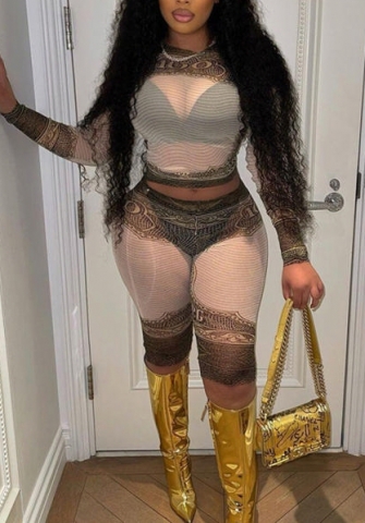 (Real Image)2022 Styles Women Fashion Summer TikTok&Instagram Styles Print Mesh Short Two Piece Suit