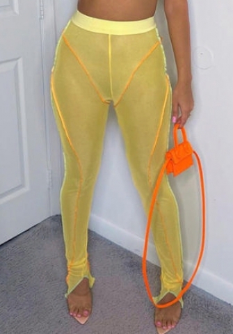 (Only Long Pants)(Real Image)2022 Styles Women Fashion Summer TikTok&Instagram Styles Mesh Yellow Long Pants