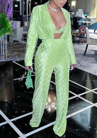(Real Image)2022 Styles Women Fashion Summer TikTok&Instagram Styles Green Open Tops and Long Pants Two Piece Suit