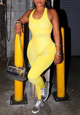 (Yellow)2022 Styles Women Fashion Summer TikTok&Instagram Styles Strap Net Jumpsuit