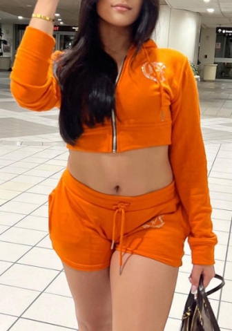 (Orange)2022 Styles Women Fashion Summer TikTok&Instagram Styles Hoodie Front Zipper Short Two Piece Suit