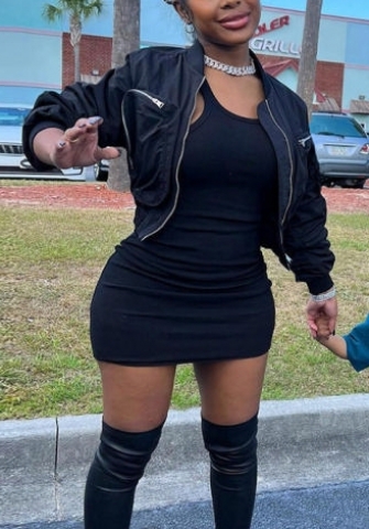 (Real Image)2022 Styles Women Fashion Summer TikTok&Instagram Styles Black Front Zipper Coat