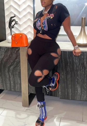 (Only Long Pants)(Real Image)2022 Styles Women Fashion Summer TikTok&Instagram Styles Black Flower Cut Out Long Pants