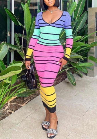 (Real Image)2022 Styles Women Fashion Summer TikTok&Instagram Styles Contrast Color Long Sleeve Maxi Dress