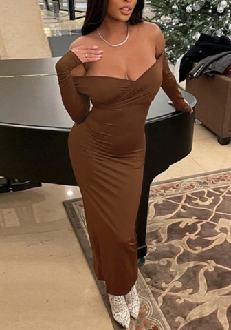 (Coffee)2022 Styles Women Fashion Summer TikTok&Instagram Styles Long Sleeve Maxi Dress