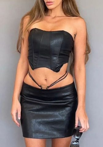 (Real Image)2022 Styles Women Fashion Summer TikTok&Instagram Styles PU Black Two Piece Dress