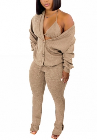 (Khaki)2022 Styles Women Fashion Summer TikTok&Instagram Styles Sweater 3 Piece Suit