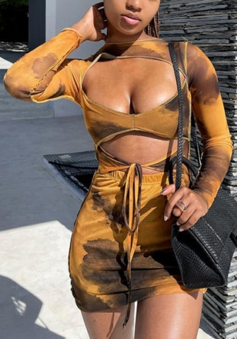 (Real Image)2022 Styles Women Fashion Summer TikTok&Instagram Styles Brown Mesh Print Club Dress