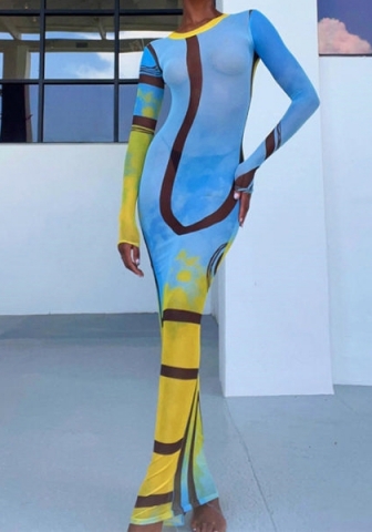 (Real Image)2022 Styles Women Fashion Summer TikTok&Instagram Styles Blue Mesh Long Sleeve Maxi Dress