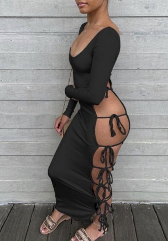 (Black)2022 Styles Women Fashion Summer TikTok&Instagram Styles Single Lace Up Long Sleeve Maxi Dress