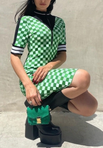 (Real Image)2022 Styles Women Fashion Summer TikTok&Instagram Styles Green Plaid Short Sleeve Mini Dress