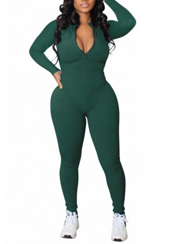 (Real Image)2022 Styles Women Fashion Summer TikTok&Instagram Styles Long Sleeve Front Zipper Solid Color Jumpsuit