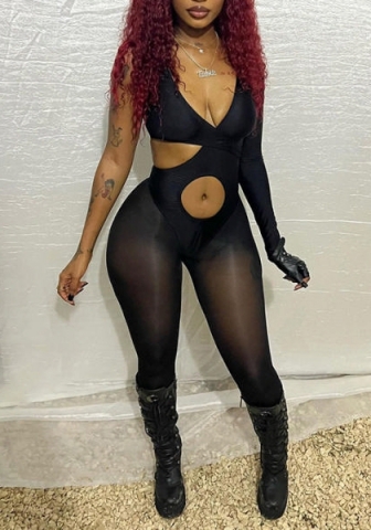 (Real Image)2022 Styles Women Fashion Spring&Winter TikTok&Instagram Styles Black Mesh Cut Out Jumpsuit