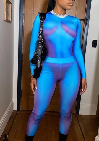 (Real Image)2022 Styles Women Fashion Spring&Winter TikTok&Instagram Styles Print Blue Two Piece Suit