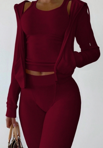 (Red)2022 Styles Women Fashion Spring&Winter TikTok&Instagram Styles Solid Color Three Pieces Suit