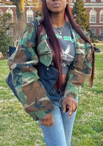 (Real Image)2022 Styles Women Fashion Spring&Winter TikTok&Instagram Styles Camouflage Front Button Crop Tops