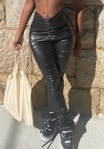 (Real Image)2022 Styles Women Fashion Spring&Winter TikTok&Instagram Styles Black PU Ruffle Long Pants