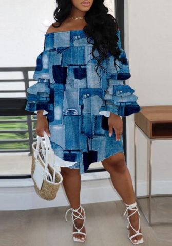 (Plus Size)2022 Styles Women Fashion Spring&Winter TikTok&Instagram Styles Print Off Shoulder Irregular Hem Mini Dress