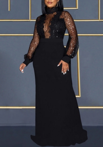 (Black)(Plus Size)2022 Styles Women Fashion Spring&Winter TikTok&Instagram Styles Long Sleeve Mesh Sequin Maxi Dress