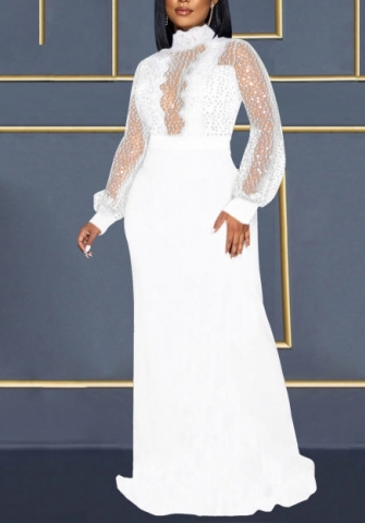 (White)(Plus Size)2022 Styles Women Fashion Spring&Winter TikTok&Instagram Styles Long Sleeve Mesh Sequin Maxi Dress