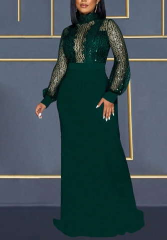(Green)(Plus Size)2022 Styles Women Fashion Spring&Winter TikTok&Instagram Styles Long Sleeve Mesh Sequin Maxi Dress