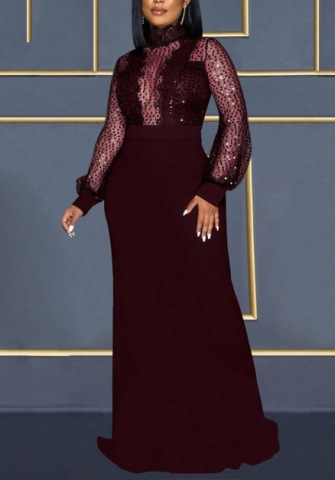 (Red)(Plus Size)2022 Styles Women Fashion Spring&Winter TikTok&Instagram Styles Long Sleeve Mesh Sequin Maxi Dress