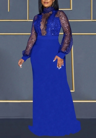 (Blue)(Plus Size)2022 Styles Women Fashion Spring&Winter TikTok&Instagram Styles Long Sleeve Mesh Sequin Maxi Dress