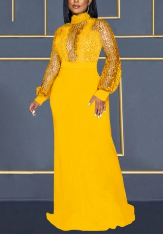 (Yellow)(Plus Size)2022 Styles Women Fashion Spring&Winter TikTok&Instagram Styles Long Sleeve Mesh Sequin Maxi Dress