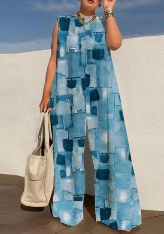 (Blue)(Plus Size)2022 Styles Women Fashion Spring&Winter TikTok&Instagram Styles Print Loose Jumpsuit