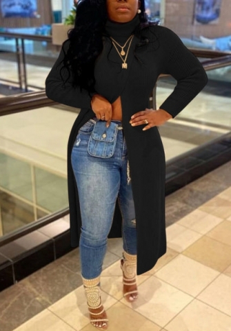(Black)(Plus Size)2022 Styles Women Fashion Spring&Winter TikTok&Instagram Styles Solid Color High Split Long Coat