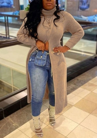 (Khaki)(Plus Size)2022 Styles Women Fashion Spring&Winter TikTok&Instagram Styles Solid Color High Split Long Coat