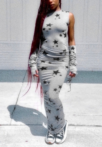 (Real Image)2022 Styles Women Fashion Spring&Winter TikTok&Instagram Styles Print Star Gray Maxi Dress