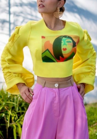 (Real Image)2022 Styles Women Fashion Spring&Winter TikTok&Instagram Styles Print Yellow Lace Up Tops