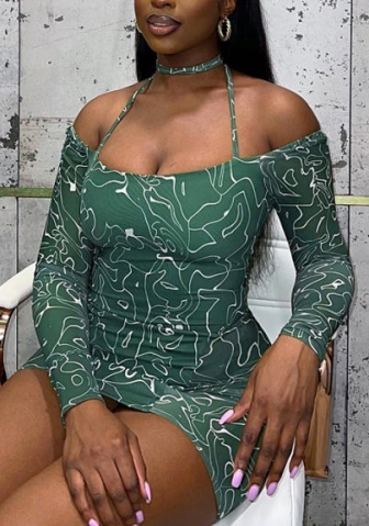 (Real Image)2022 Styles Women Fashion Spring&Winter TikTok&Instagram Styles Green Print Long Sleeve Mini Dress