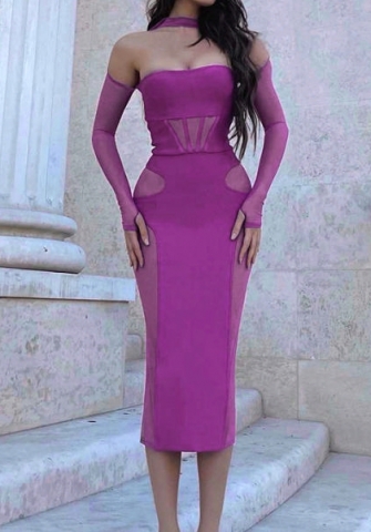 (Real Image)2022 Styles Women Fashion Spring&Winter TikTok&Instagram Styles Purple Mesh Off Shoulder Long Sleeve Maxi Dress