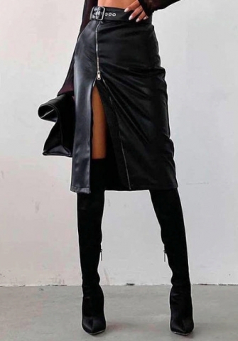 (Real Image)2022 Styles Women Fashion Spring&Winter TikTok&Instagram Styles Black PU Skirts with Waist Tie