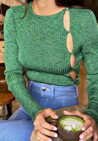 (Real Image)2022 Styles Women Fashion Spring&Winter TikTok&Instagram Styles Green Cut Out Long Sleeve Tops