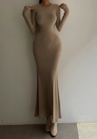 (Khaki)2022 Styles Women Fashion Spring&Winter TikTok&Instagram Styles Solid Color  Long Sleeve Maxi Dress
