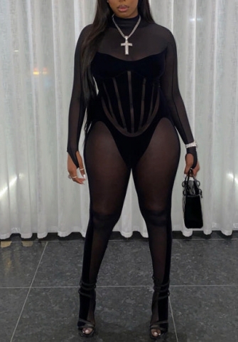 (Black)2022 Styles Women Fashion Spring&Winter TikTok&Instagram Styles Black Mesh Long Sleeve Jumpsuit