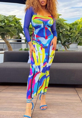 (Real Image)2022 Styles Women Fashion Spring&Winter TikTok&Instagram Styles Print Mesh Long Sleeve Maxi Dress