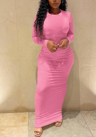 (Pink)2022 Styles Women Fashion Spring&Winter TikTok&Instagram Styles Solid Color Long Sleeve Maxi Dress