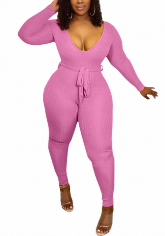 (Pink)2022 Styles Women Fashion Spring&Winter TikTok&Instagram Styles Solid Color Deep V Neck Jumpsuit with Waist Tie