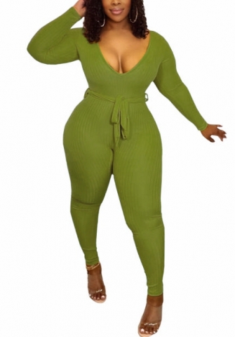 (Green)2022 Styles Women Fashion Spring&Winter TikTok&Instagram Styles Solid Color Deep V Neck Jumpsuit with Waist Tie