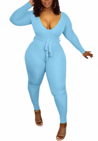 (Blue)2022 Styles Women Fashion Spring&Winter TikTok&Instagram Styles Solid Color Deep V Neck Jumpsuit with Waist Tie