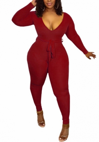 (Red)2022 Styles Women Fashion Spring&Winter TikTok&Instagram Styles Solid Color Deep V Neck Jumpsuit with Waist Tie