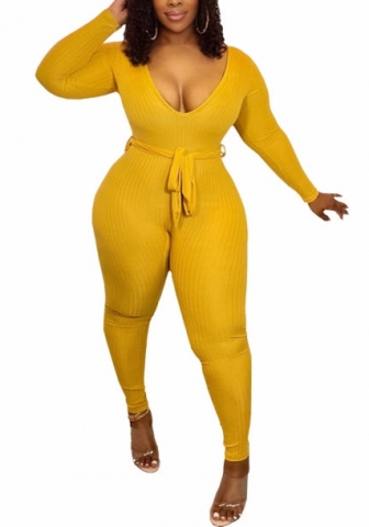 (Yellow)2022 Styles Women Fashion Spring&Winter TikTok&Instagram Styles Solid Color Deep V Neck Jumpsuit with Waist Tie